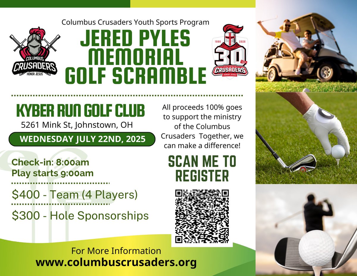 cbuscrusaders's tweet photo. SAVE THE DATE! 

The Jered Pyles Memorial Golf Scramble is set for Wednesday, July 22nd, at Kyber Run Golf Club!

Join us for a fun day on the golf course to raise money for the Columbus Crusaders Youth Sports Program. 

Register or become a sponsor here 
https://t.co/THpdkwFm10 https://t.co/gOSfrqXcpd