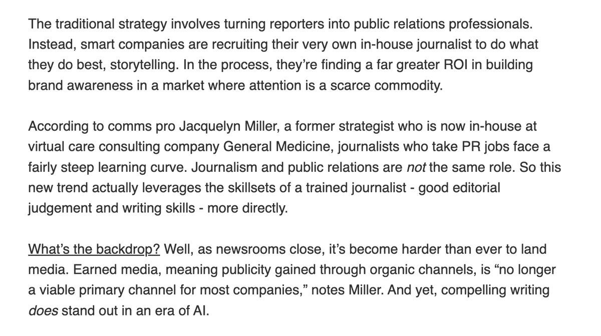 taylormajewski's tweet photo. Interesting piece from @chrissyfarr today on the rise of in-house journalists at healthcare companies. I think we're going to see a lotttt more of this everywhere (and already are i.e. TBPN x OpenAI) https://t.co/EIyNZOObKb