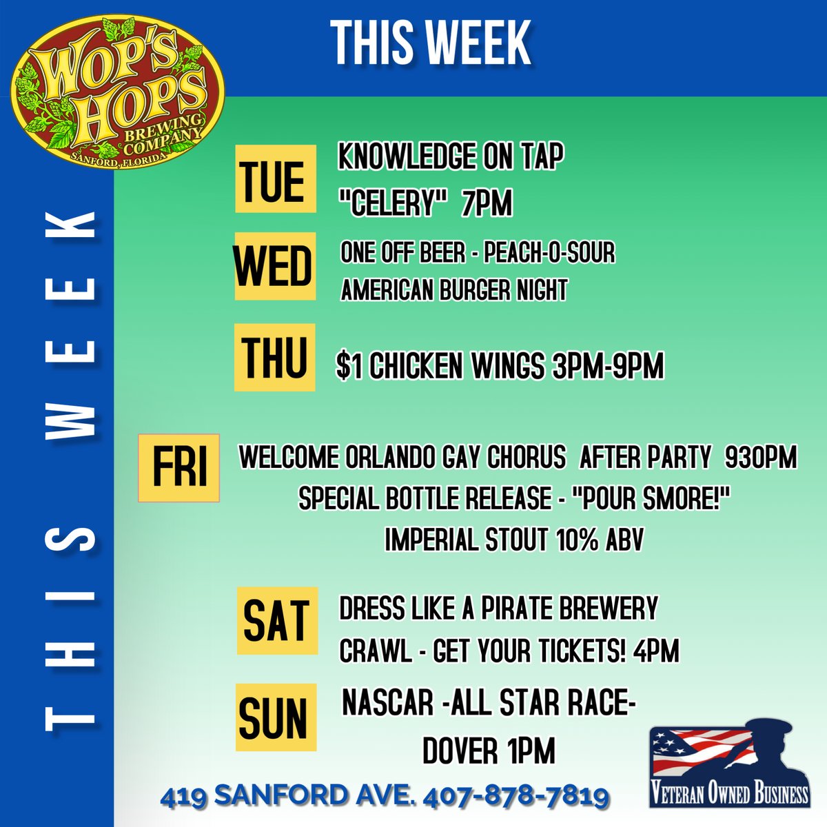 WopsHops's tweet photo. Join us for Knowledge on Tap with "Celery" Tuesday 7PM, Peach-O-Sour &amp; American Burger Wednesday, $1 Wings Thursday 3-9PM, plus a Pirate Brewery Crawl Saturday and more. Call 407-878-7819 for info. #WeeklyEvents #BeerGarden #Friends  #EatLocal #drinklocal #veteranowned #Followers https://t.co/wYOpfbULy3