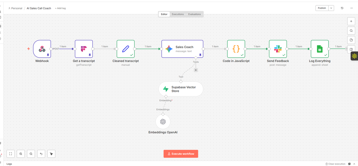 Habtech01's tweet photo. I just built an AI Sales Call Coaching System with n8n that automatically reviews sales calls and gives reps instant feedback without managers listening to recordings.
Here’s how it works:
• Fireflies sends call transcripts to n8n
• Gemini analyzes the sales call https://t.co/Ghp7UYnBVI