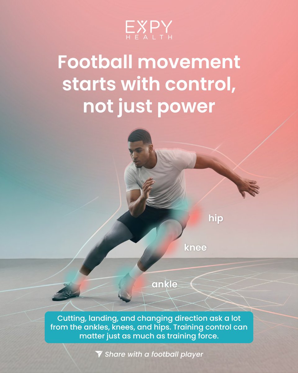 ExpyHealth's tweet photo. Football is not just about power, it is about control. Every cut, landing, and change of direction challenges your ankles, knees, and hips. Strength matters, but control is what lets you use it. Share this with a football player. #PhysicalTherapy #Football https://t.co/qLi5dr4jR2