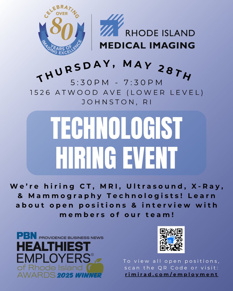 rimirad's tweet photo. Join Rhode Island Medical Imaging at our Technologist Hiring Event on Thursday, May 28th from 5:30PM-7:30PM in Johnston, RI🌟

✨Explore open positions across CT, MRI, Ultrasound, X-Ray, and Mammography
✨Full-time, part-time, and per diem opportunities available https://t.co/zgrmpN1qRe