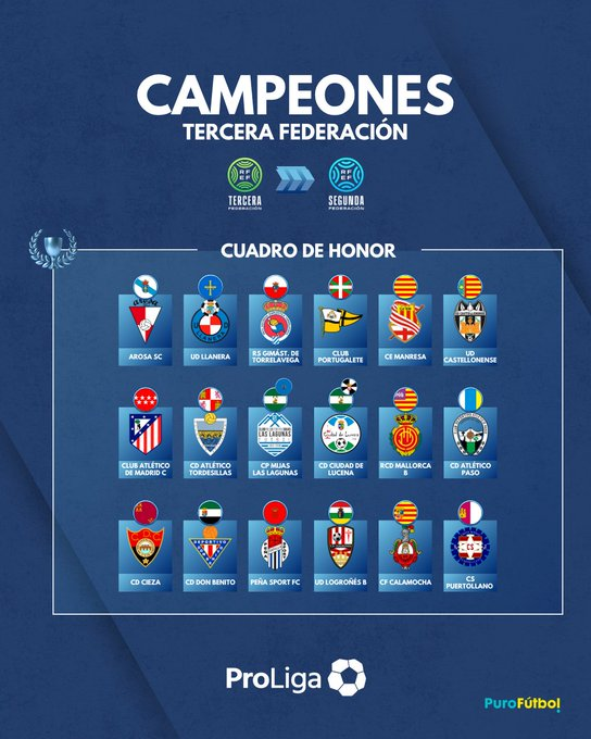 GradaBpro's tweet photo. Enhorabuena a los 18 campeones de grupo de 3RFEF que consiguen el ascenso a 2RFEF:

@ArosaSCOficial 
@UDLlanera 
@RSGimnastica 
@clubportugalete 
@Cemanresa1906 
@UDECastello 
@Atleti C
@AtcoTordesillas 
@cpmlaslagunas 
@ciudaddelucena 
@RCD_Mallorca B
@AtleticoPaso 
@cdcieza_ 
@CDDonBenito_ 
@PenaSportFC 
@UDLogrones B
@cfcalamocha 
@cspuertollanocf 

📐 @ProLigaFutbol