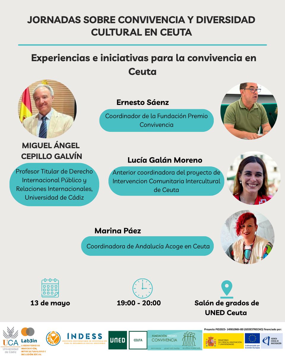 Lab3In's tweet photo. Cerramos el programa con la Mesa Redonda 2:

“Experiencias e iniciativas para la convivencia en Ceuta”

Moderada por Miguel Ángel Cepillo Galvín, con Lucía Galán, Marina Pérez y Ernesto Sáenz.

📅 13/05 | 19:00–20:00
📍 UNED Ceuta y Online https://t.co/eiWQRUqV0s