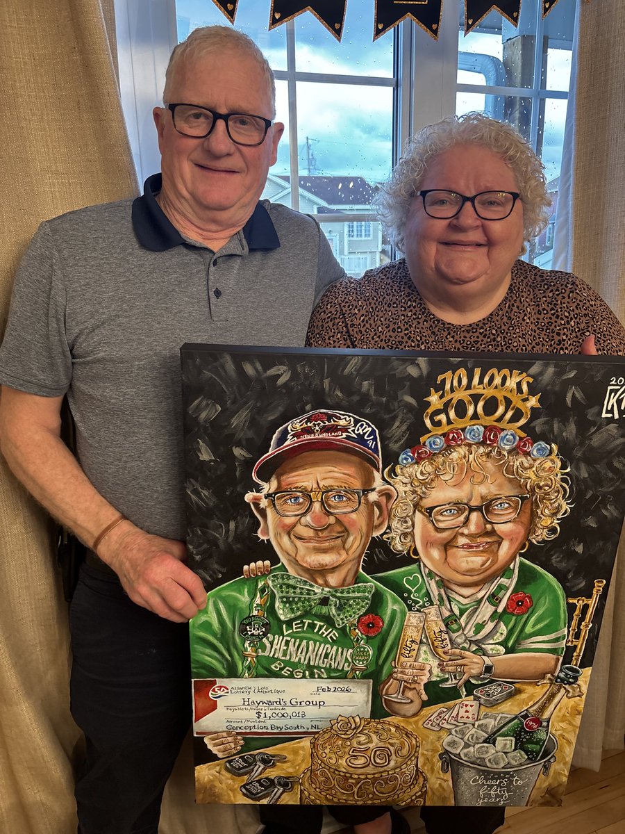 KevinTobin58's tweet photo. This weekend, Dennis and Jessie celebrated their 50th Wedding Anniversary with their family. Congratulations! I am so pleased that I was asked to create a caricature painting as an Anniversary gift from the family to mark this occasion. 
Cheers to fifty years. @StJohnsTelegram https://t.co/pxFQbxfFOF