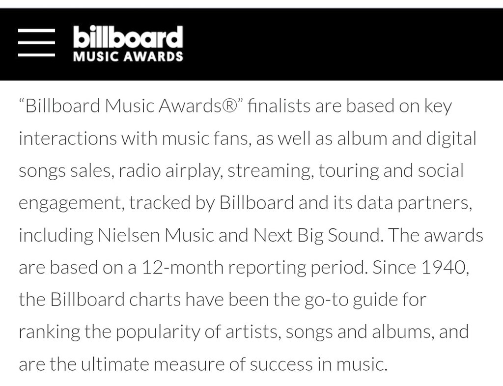 Las nominaciones a los BBMAs dependen mucho del desempeño en las listas de Billboard. Esta es una de las razones por las que necesitamos mantenernos estables en las listas de BB durante todo el año, no solo los primeros meses del lanzamiento de ARIRANG.

Para mantenernos estables