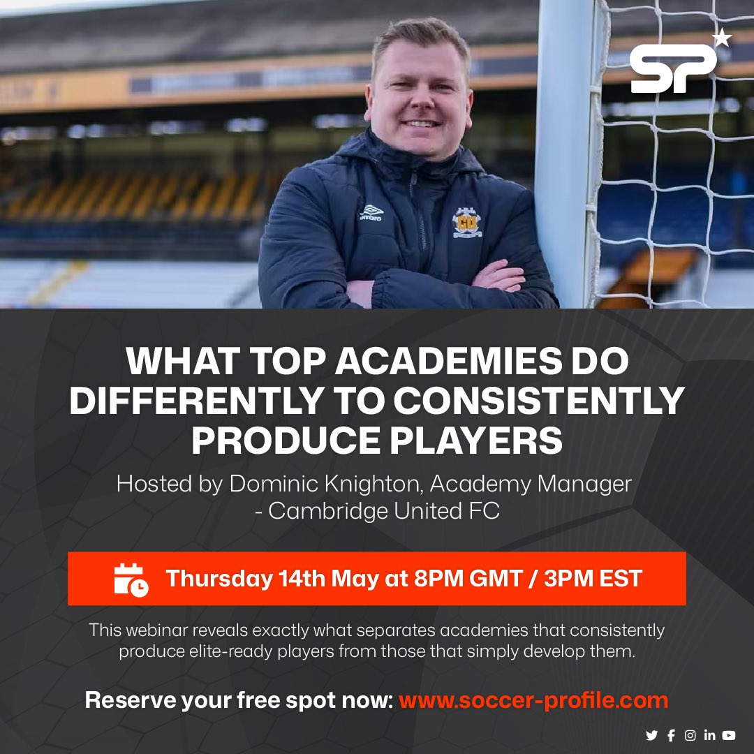 MySoccerProfile's tweet photo. ⚽ Want to know what separates top academies from the rest?

Join this #FREE webinar with Cambridge United F.C. Academy Manager Dominic Knighton as he breaks down what elite academies do differently to consistently produce first-team-ready players.

📅 Thursday 14th May
⏰ 8PM GMT / 3PM EST

Inside the session, you’ll discover:
➡️ The key traits of high-performing academies
➡️ How elite environments accelerate player development
➡️ What coaches often miss when developing talent
➡️ Practical insights you can apply immediately

Whether you’re a coach, academy director, scout, or parent involved in player development — this is one you won’t want to miss.

🎟️ Reserve your FREE spot now: https://t.co/OVhg1OTGfT

#FootballDevelopment #SoccerCoaching #AcademyFootball #PlayerDevelopment #YouthFootball #FootballAcademy #SoccerTraining #EliteDevelopment #CoachingEducation #Webinar