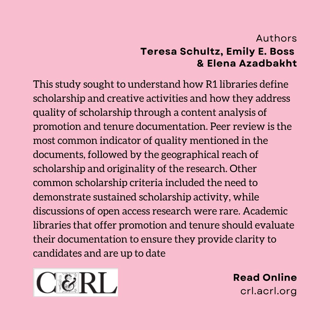 CRL_ACRL's tweet photo. “Publish or perish” still looms large for R1 academic librarians.

Peer review dominates P&amp;T criteria, conference presentations > journal articles, open access rarely addressed. Many documents lack clear evaluative guidance. 

Read it online for free: https://t.co/usNmOdGCp5 https://t.co/0H8UntqEqD
