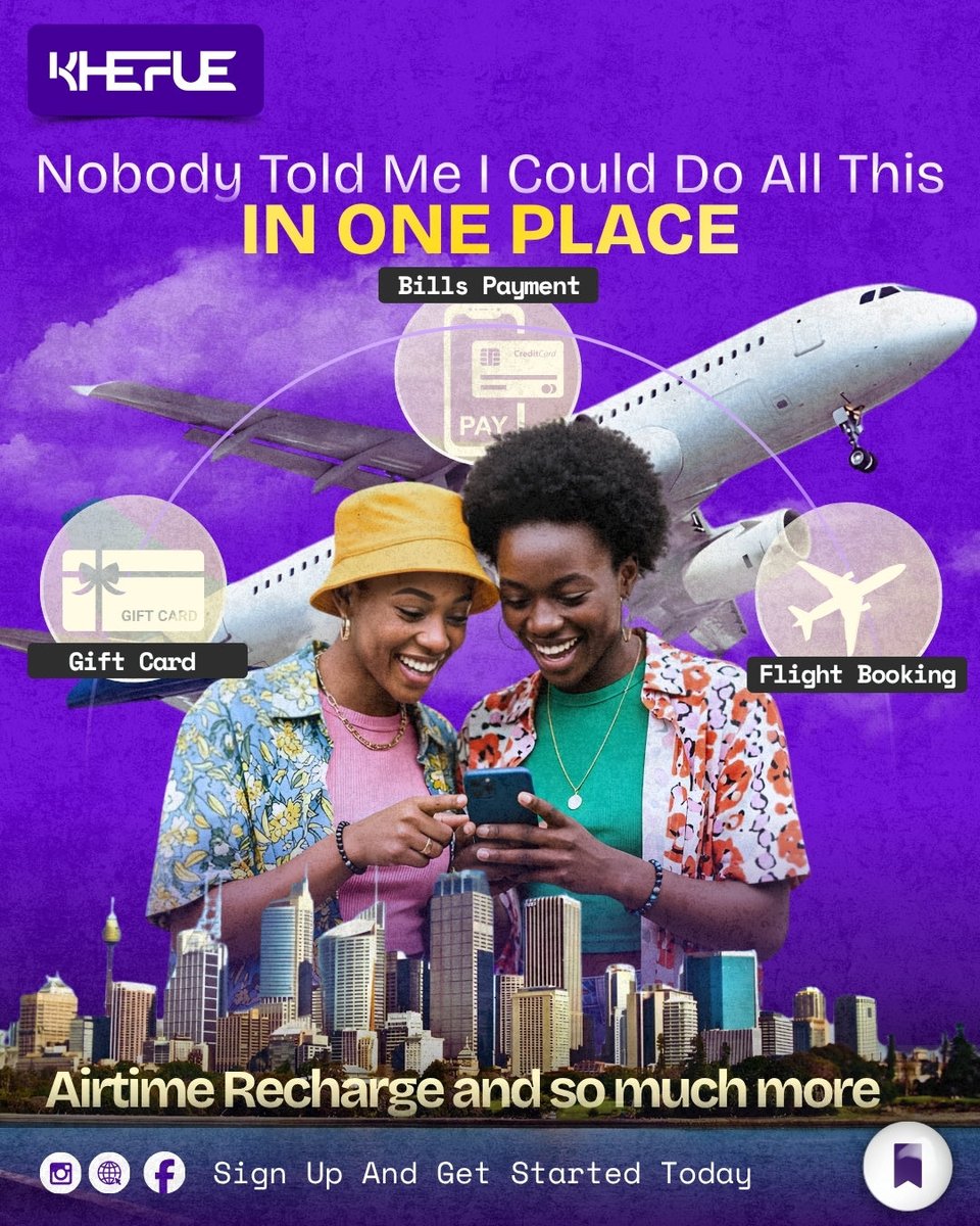 InfoKhefue's tweet photo. Pay bills, recharge airtime, buy gift cards, book flights &amp; earn points all in one place 💜

Sign up on Khefue (https://t.co/WdH7mk3Ohz) and start enjoying smarter transactions today. ✨

#cashback #flight #bills https://t.co/yZWyi41QJo