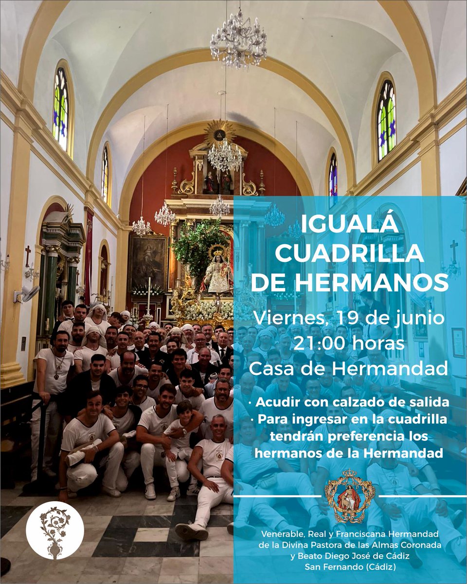 HdadPastora_Sf's tweet photo. #VIDADEHERMANDAD | IGUALÁ DE LA CUADRILLA DE COSTALEROS

El próximo viernes 19 de junio, a las 21:00h, tendrá lugar en nuestra Casa de Hermandad la Igualá de la cuadrilla de costaleros.

Recuerda llevar el calzado de salida. https://t.co/bc1iTADF54