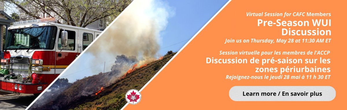 CdnFireChiefs's tweet photo. Bonjour @cdnfirechiefs. Les membres sont invités à participer à une réunion de discussion de pré-saison sur les feux en milieu périurbain (WUI), qui aura lieu le 28 mai 2026, de 11 h 30 à 13 h (HNE). L’inscription est ouverte: https://t.co/mQqN1XXpw5 https://t.co/5N1MytkiUi