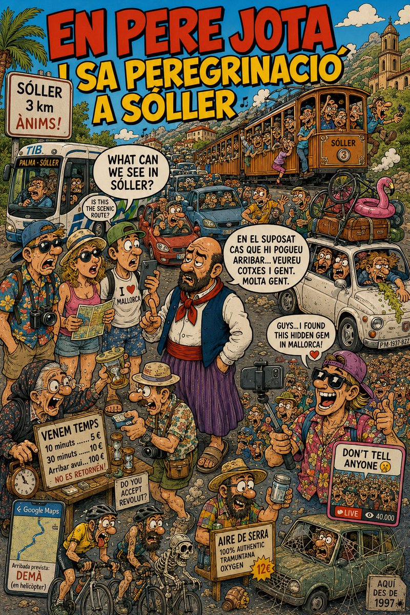 enperejota's tweet photo. L’humor és com una caricatura: exagera trets reals fins que fan riure.  

Per això a aquesta portada:
- hi ha 14.000 persones intentant arribar a Sóller,
- un influencer descobrint un “hidden gem” amb 40.000 testimonis,
- i una padrina venent temps embotellat.  

Ficció? No tant. https://t.co/K9EKy3t90H