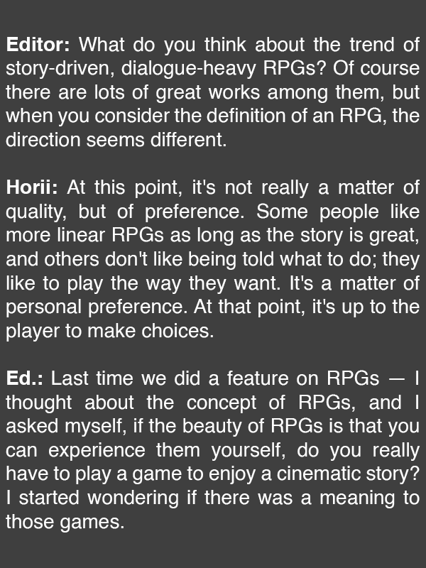9thHourScans's tweet photo. In Game Hihyō Vol. 8 (April 1996), Dragon Quest designer Yuji Horii was interviewed on what he considered to be a "game"; specifically, a role-playing game.

In his words, if you're in direct control of the player character, it's a game, and it wouldn't be the same as a movie. https://t.co/ShDRME9hxG