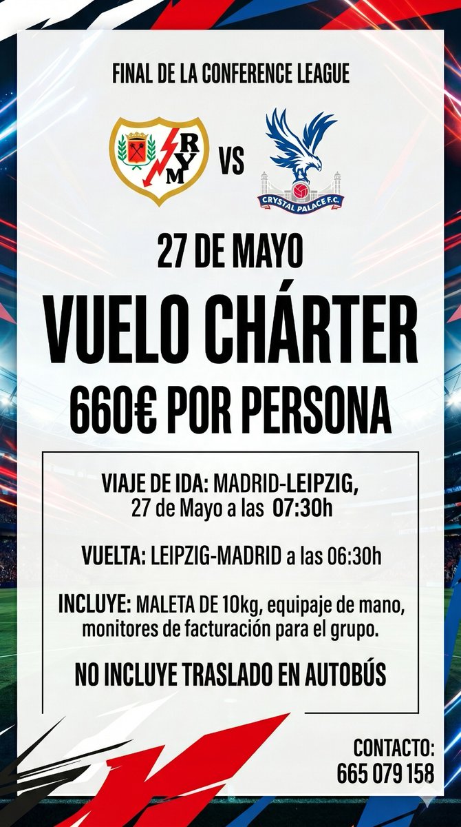 SE AGRADECE DIFUSIÓN:

Airbus A321
Capacidad: 220 Asientos Economy
Ruta:
27MAY26 MAD-LEJ Salida entorno 07:30LT
28MAY26 LEJ-MAD Salida entorno 06:30LT
NO INCLUYE AUTOBÚS.
INCLUYE MALETA DE 10KG Y EQUIPAJE DE MANO.
SÚBETE A ESTE BARCO QUE SE VA A TRAER LA COPA!!
