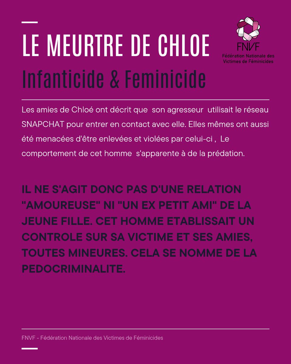 FNVF19's tweet photo. MEDIAS 👋
NON c'est NON ‼️
On ne présente pas l'auteur du meurtre de Chloé 14 ans comme " son  ex petit ami" 
Elle était MINEURE 
Présenter la relation d'une trés jeune fille avec un homme de 23 ans comme étant consentie légitime les actes des #predateurs https://t.co/n19c5lQOzg