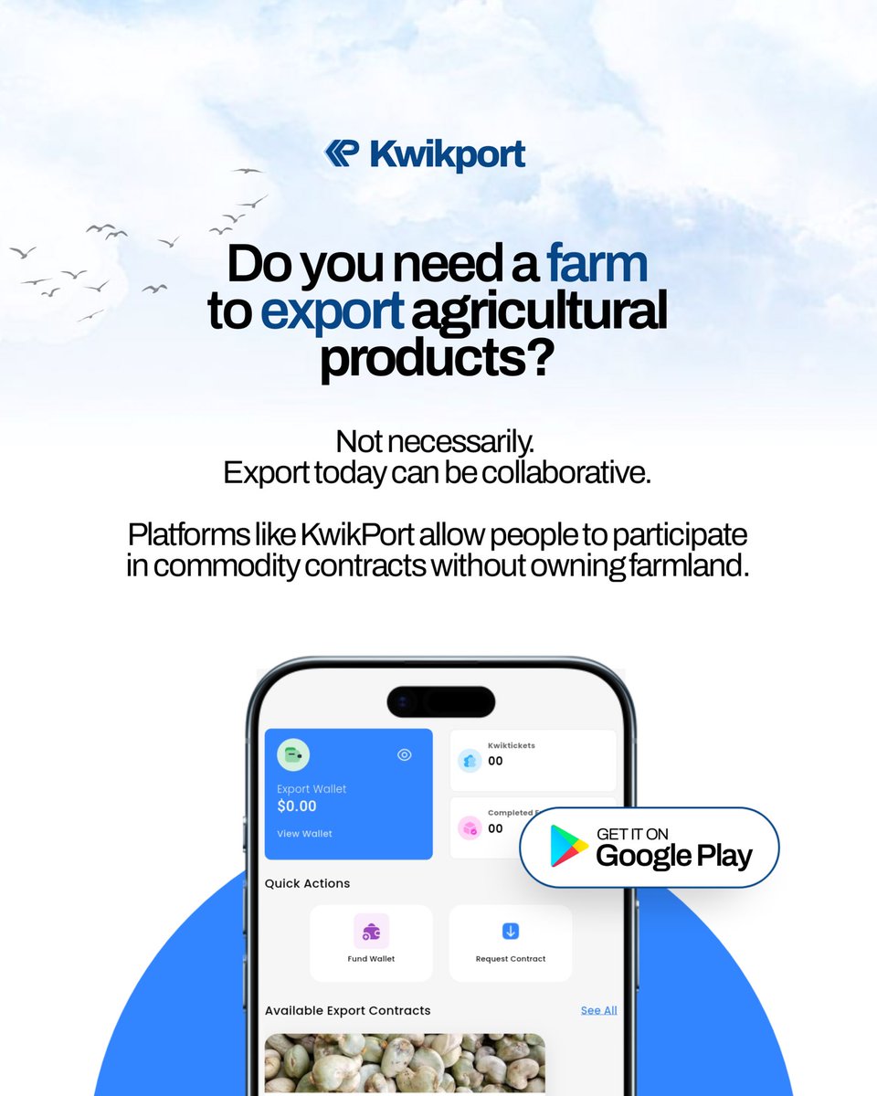 Kwikport_'s tweet photo. You no longer need a farm to export. 

With KwikPort, you can collaborate, invest, and participate in international trade opportunities from anywhere. From sourcing to logistics, everything is managed for you.

Collaborate with KwikPort and take your place in global trade. https://t.co/QWjOU6JzjT