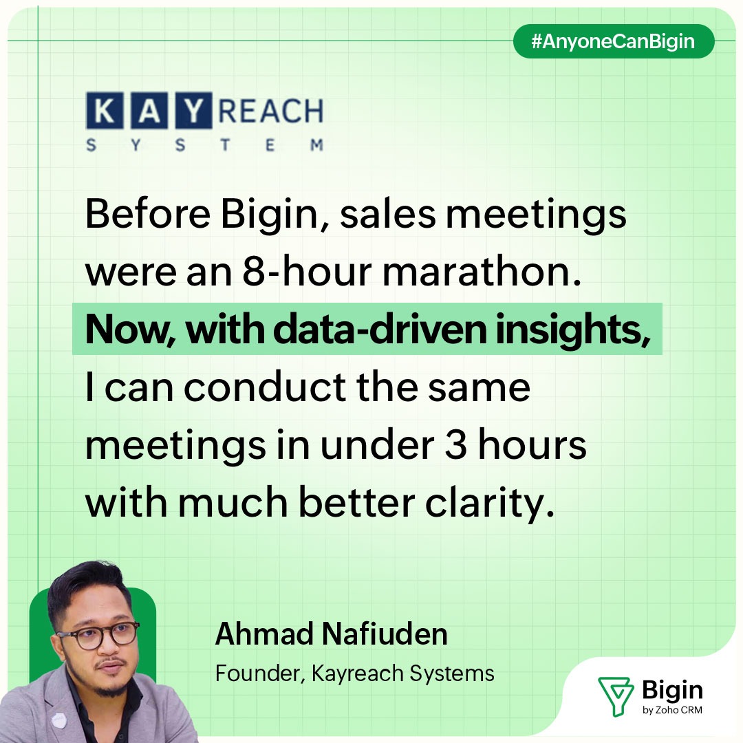 Bigin's tweet photo. Honest question for anyone running a sales team: how much of your meeting time is actually decision-making vs. just getting everyone on the same page?

If that ratio feels off, Bigin is worth 10 minutes of your time. Free to start: 

30-minute setup only!