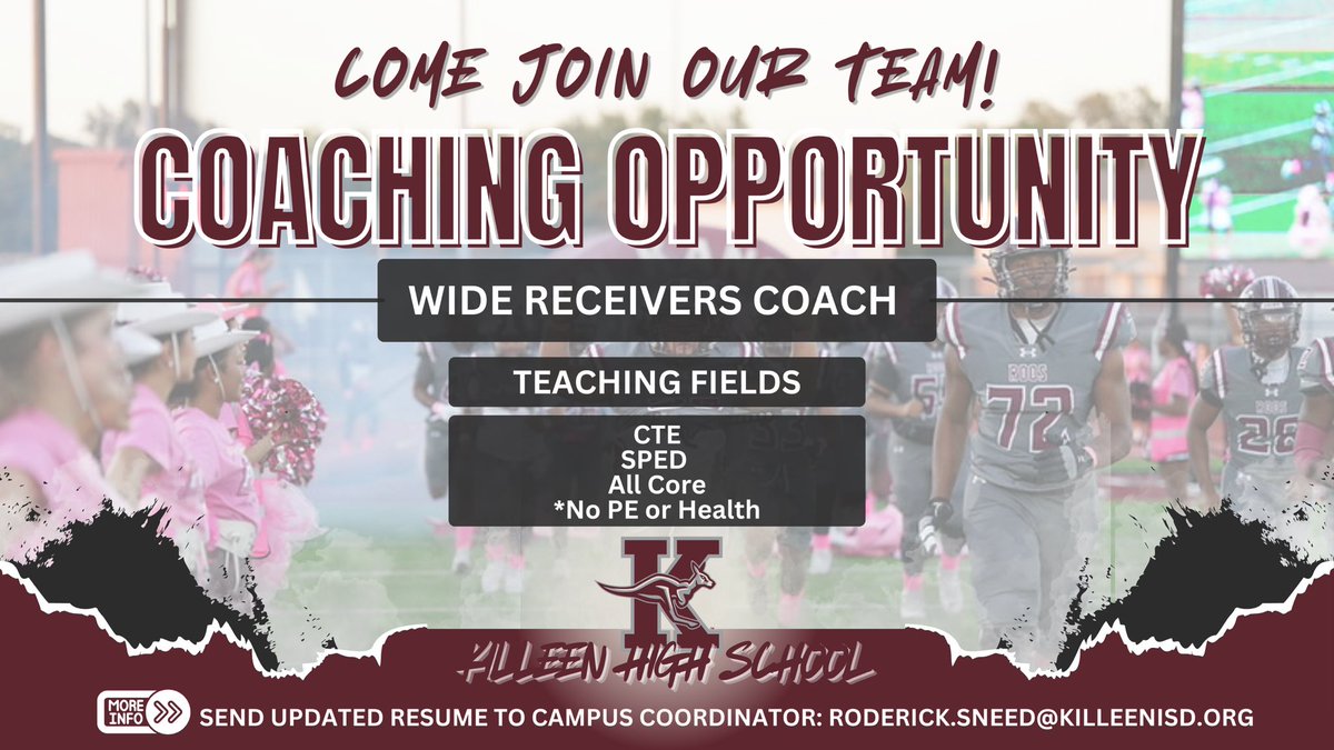 KHSRoosFootball's tweet photo. 🚨 WE'RE HIRING! 🚨 
Roo Nation is looking for a Wide Receiver's Coach to help grow our student athletes!

Come join our supportive Admin, locked in athletes, &amp; fired up staff! 🦘

@KHSRoos @KilleenISD_
@matt_stepp817 https://t.co/N0ow0wDnSZ