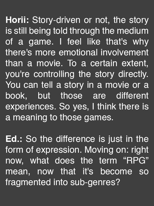 9thHourScans's tweet photo. In Game Hihyō Vol. 8 (April 1996), Dragon Quest designer Yuji Horii was interviewed on what he considered to be a "game"; specifically, a role-playing game.

In his words, if you're in direct control of the player character, it's a game, and it wouldn't be the same as a movie. https://t.co/ShDRME9hxG