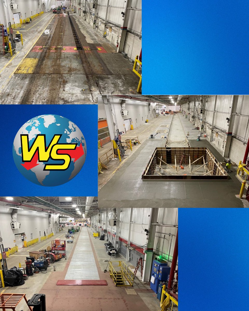 WebbStilesCo's tweet photo. Old track out. Concrete down. New system taking shape. This is what our installation crews do — show up and get it done. #ConveyorManufacturing #MaterialHandling #CustomConveyors https://t.co/K8ze1gh4b7