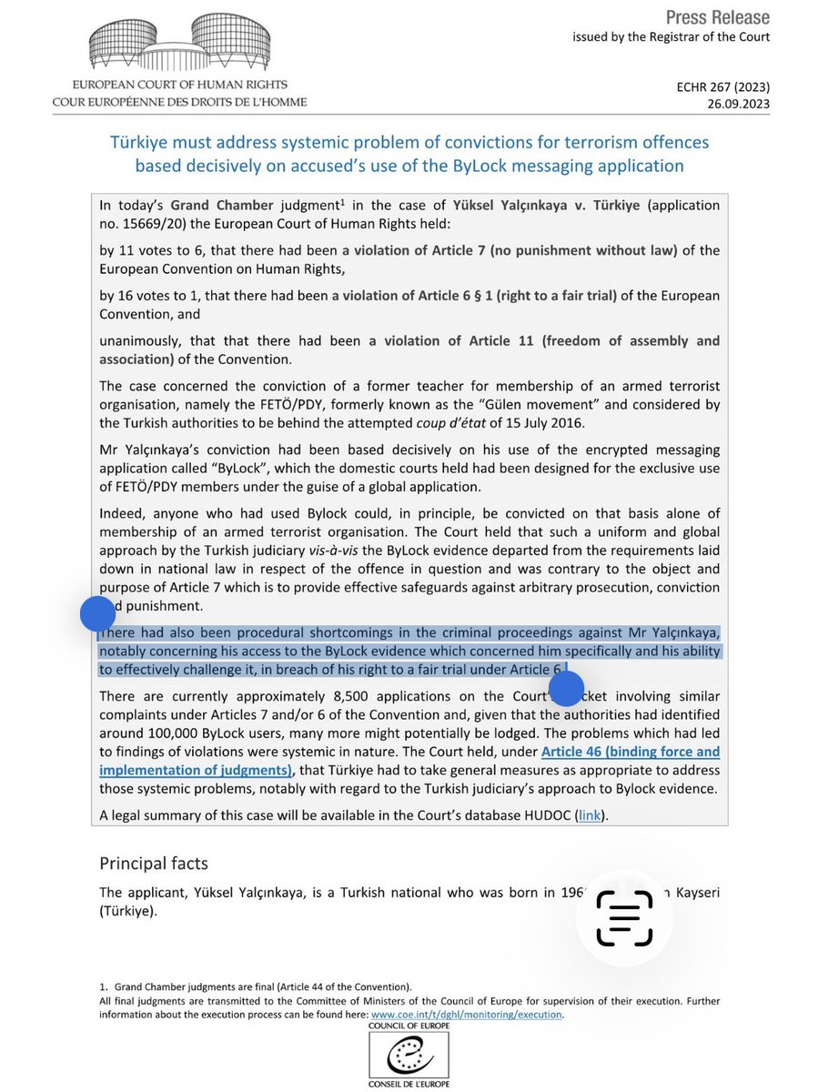 NcaNemesis's tweet photo. 16/1 vote in favour of the defendant. Breach of article 6 , no access to bylock evidence. 
>
notably concerning his access to the ByLock evidence which concerned him specifically and his ability to effectively challenge it, in breach of Article 6

Encrochat 
SkyEcc https://t.co/ErSKPIpK2P