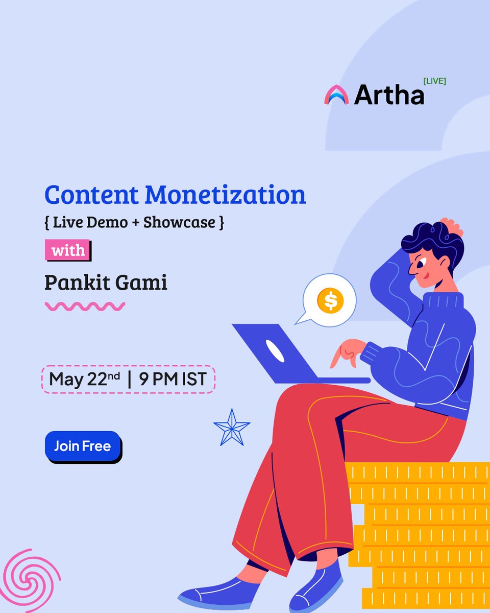arthadotlink's tweet photo. How to earn money as a creator?

On May 22nd at 9 PM IST  / 11:30 EST, we're hosting a free live session where we'll walk through exactly how creators are earning on https://t.co/WJsv8q82PU.  

Free to join, a lot more to learn and explore.

@pankitgami https://t.co/bZfq6kjqAh