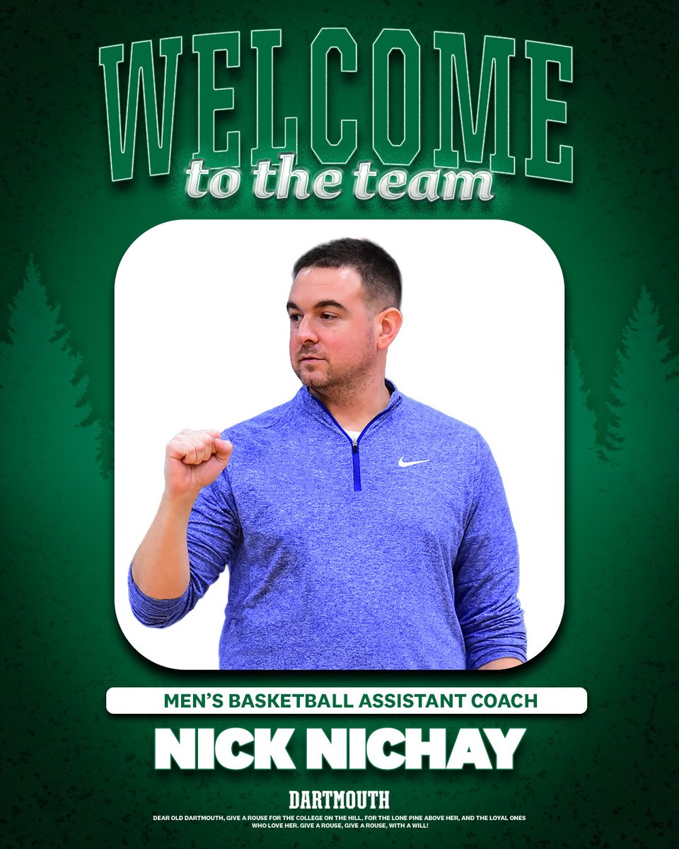 DartmouthMBB's tweet photo. Brett MacConnell, the head coach of Dartmouth men’s basketball, has announced the addition of Bill Courtney and Nick Nichay to his staff ahead of the 2026-27 season.

📰 | https://t.co/yEFyRPFP91

#GoBigGreen | #TheWoods🌲 https://t.co/gLXNBXd6EK