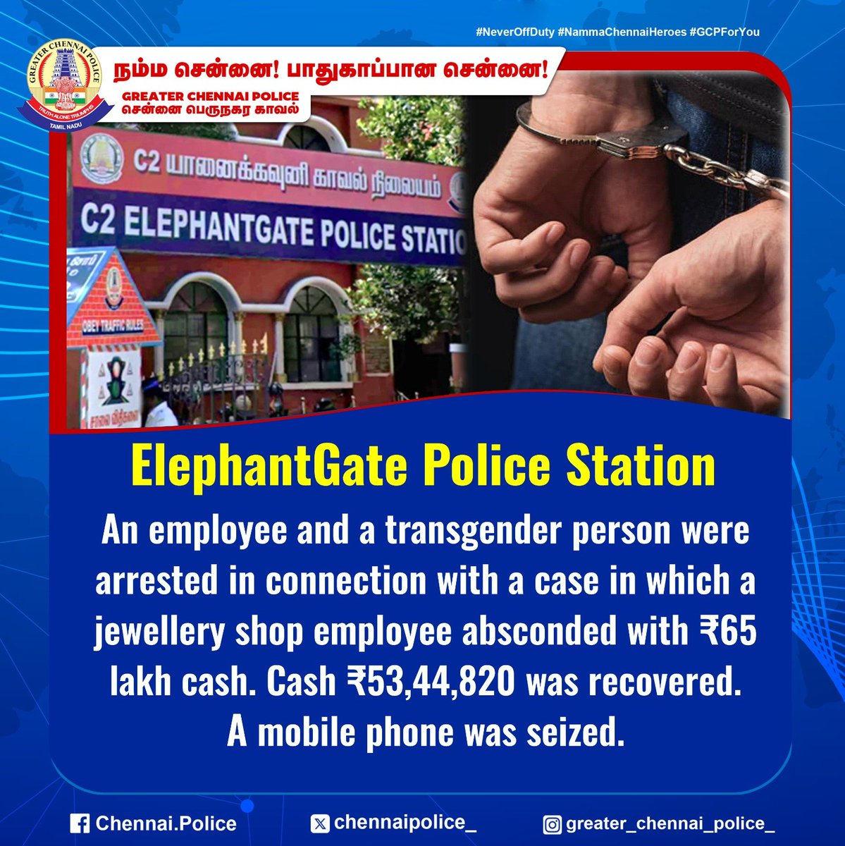 chennaipolice_'s tweet photo. ElephantGate Police Station
An employee and a transgender person were arrested in connection with a case in which a jewellery shop employee absconded with ₹65 lakh cash. Cash ₹53,44,820 was recovered and a mobile phone was seized.
#ElephantGate #ChennaiPolice #Arrest #Theft #Recovered #Seizure