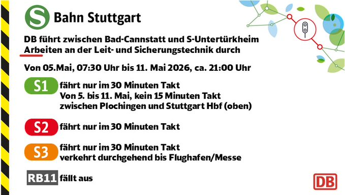 SBahn_Stuttgart's tweet photo. ✅ Die Bauarbeiten an der Leit- und Sicherungstechnik zwischen #BadCannstatt und #Untertürkheim sind beendet. Die Linien #S2, #S3 und die #RB11 (Schusterbahn) verkehren ab dem 12.05. wieder regulär.
ℹ️ Bitte beachtet weiterhin die Taktreduzierung auf der Linie #S1 bis zum 23.05. https://t.co/e4pBpVJW4K