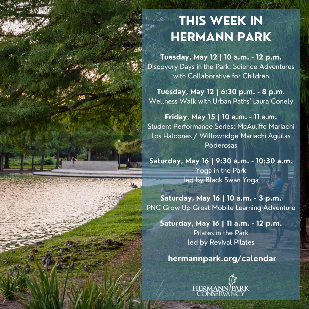 HermannPark's tweet photo. May is in full swing with a week of free activities designed to inspire movement, creativity, and fun! 🌳 From science adventures and live music to wellness classes and educational experiences for kids, there’s something for everyone in the Park this week. https://t.co/AAhg2tfx3j https://t.co/NobskHfzmY