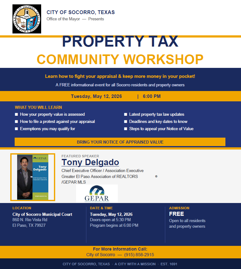 RepMaryGonzalez's tweet photo. The @City_of_Socorro and @GEPAR will run a property tax workshop tomorrow at 6 pm. This will be a great opportunity to learn more about the recent notices of appraised property value. Bring your notice to learn more. #txlege #HD75 #socorro https://t.co/8QsDKhTDju
