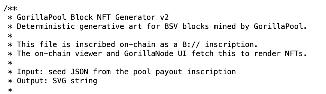 1rootSV's tweet photo. How does it work?  The pool payout transaction mints a JSON object of the block's seed data.  An on-chain SVG generator deterministically produces the artwork from the seed : 
https://t.co/eyCT1ggUri https://t.co/aSzC3GdleQ