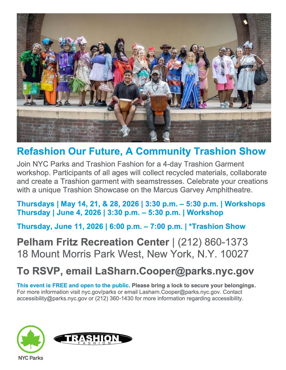 cabidnyc's tweet photo. Join NYC Parks and Trashion Fashion for a 4-day Trashion Garment workshop. Participants will collect recycled materials, collaborate and create a Trashion garment with seamstresses. Celebrate your creations with a unique Trashion Showcase on the Marcus Garvey Amphitheatre. https://t.co/Mxwl0PXY8r