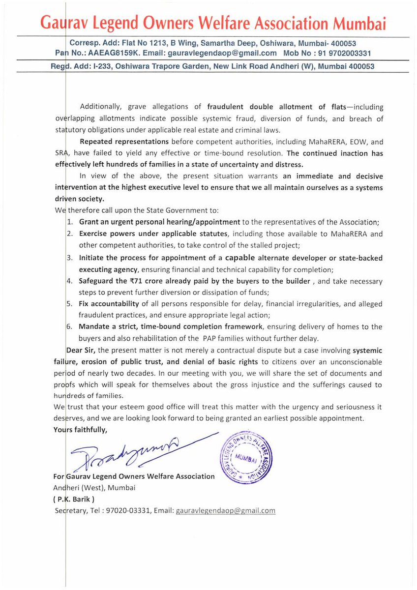 AliZaheer's tweet photo. Respected CM @Dev_Fadnavis @Devendra_Office @CMOMaharashtra
We humbly request urgent appointment. 18yrs stalled Gaurav Legend Andheri West project, 200+ homebuyers &amp; PAP families. We seek your immediate meeting to present the matter.
Rds, Gaurav Legend Owners Welfare Association https://t.co/YJRtQug0ri