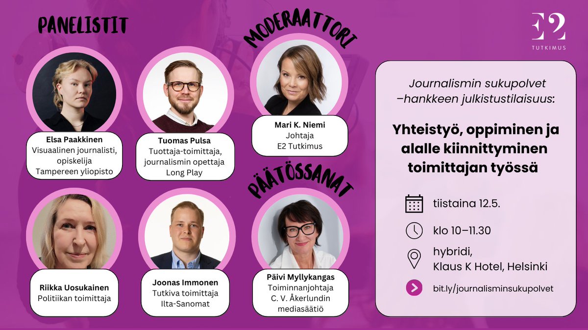 e2_tutkimus's tweet photo. Vielä ehdit ilmoittautua 👇

Millaista on astua korkeakoulutettuna nykyiseen työelämään?

Journalismin sukupolvet -hanke tarkastelee tätä median kontekstissa. Huomenna julkaistava tutkimus avaa eri-ikäisten näkökulmia siihen, miten kova kilpailu työpaikoista, uudet teknologiat ja etätyö vaikuttavat ammattilaiseksi kasvamiseen. 

Tule kuuntelemaan tuoreita tutkimustuloksia julkistustilaisuuteen Yhteistyö, oppiminen ja alalle kiinnittyminen toimittajan työssä:  
🗓️ 12.5. klo 10:00–11:30 
📍Klaus K Hotel, Studio K, Helsinki + verkkostriimi 🔗https://t.co/NEeIV4CkJx 

Tuloksista keskustelemassa @MariKNiemi kanssa Elsa Paakkinen, @TPulsa, Riikka Uosukainen ja @joonasimmo. Tilaisuuden päättää Päivi Myllykangas C. V. Åkerlundin mediasäätiöstä.