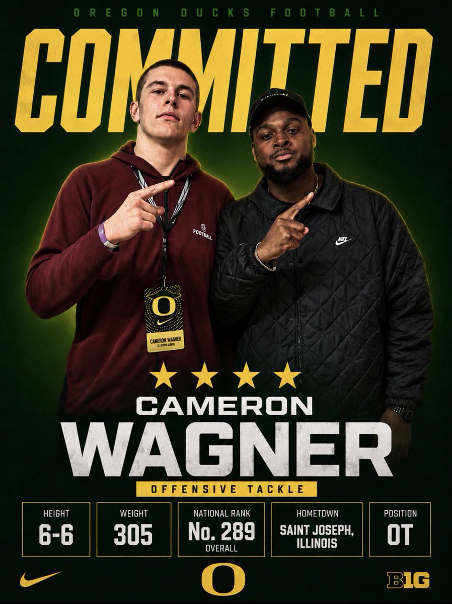 oregon__updates's tweet photo. QUAAACK! 4-Star ‘27 OT Cameron Wagner has committed to Oregon! 🦆 

The four-star committed to Oregon over Notre Dame, Wisconsin, and Illinois. 

Ducks stay hot 🔥 https://t.co/8vwJPlrIE9