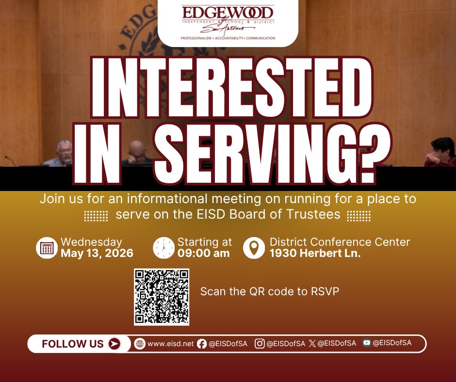 LBJelem's tweet photo. Interested in making a difference?  Join EISD for an informational meeting on running for the  Board of Trustees.
May 13, 2026 | 9 AM |  District Conference Center, 1930 Herbert Ln.
Learn what it takes to serve and lead with purpose. RSVP here: https://t.co/yWx83S0PIf https://t.co/clFWGKaKCr