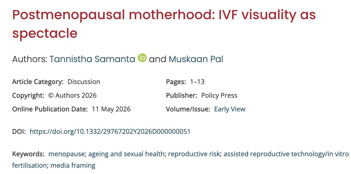 tannistha14's tweet photo. We examine the ambivalent biopolitics of media framing, where older women’s bodies are cast as both a ‘fertile’ promise and asexuality at once. #postmenopausal #motherhood #IVF #technology
https://t.co/vPlW9EA0Et https://t.co/aVdyZTXMSO