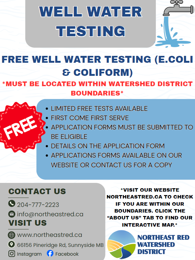 RMofLdB's tweet photo. The Northeast Red Watershed District is launching a Well Water Testing Program, which provides a limited number of prepaid bacterial water tests (Total Coliform and E.coli) to RM of Lac du Bonnet residents at no cost.

Application form and more details: https://t.co/wOyJkdKhmF https://t.co/4MuutbfBhU