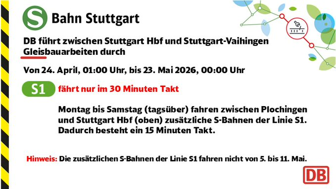 SBahn_Stuttgart's tweet photo. ✅ Die Bauarbeiten an der Leit- und Sicherungstechnik zwischen #BadCannstatt und #Untertürkheim sind beendet. Die Linien #S2, #S3 und die #RB11 (Schusterbahn) verkehren ab dem 12.05. wieder regulär.
ℹ️ Bitte beachtet weiterhin die Taktreduzierung auf der Linie #S1 bis zum 23.05. https://t.co/e4pBpVJW4K