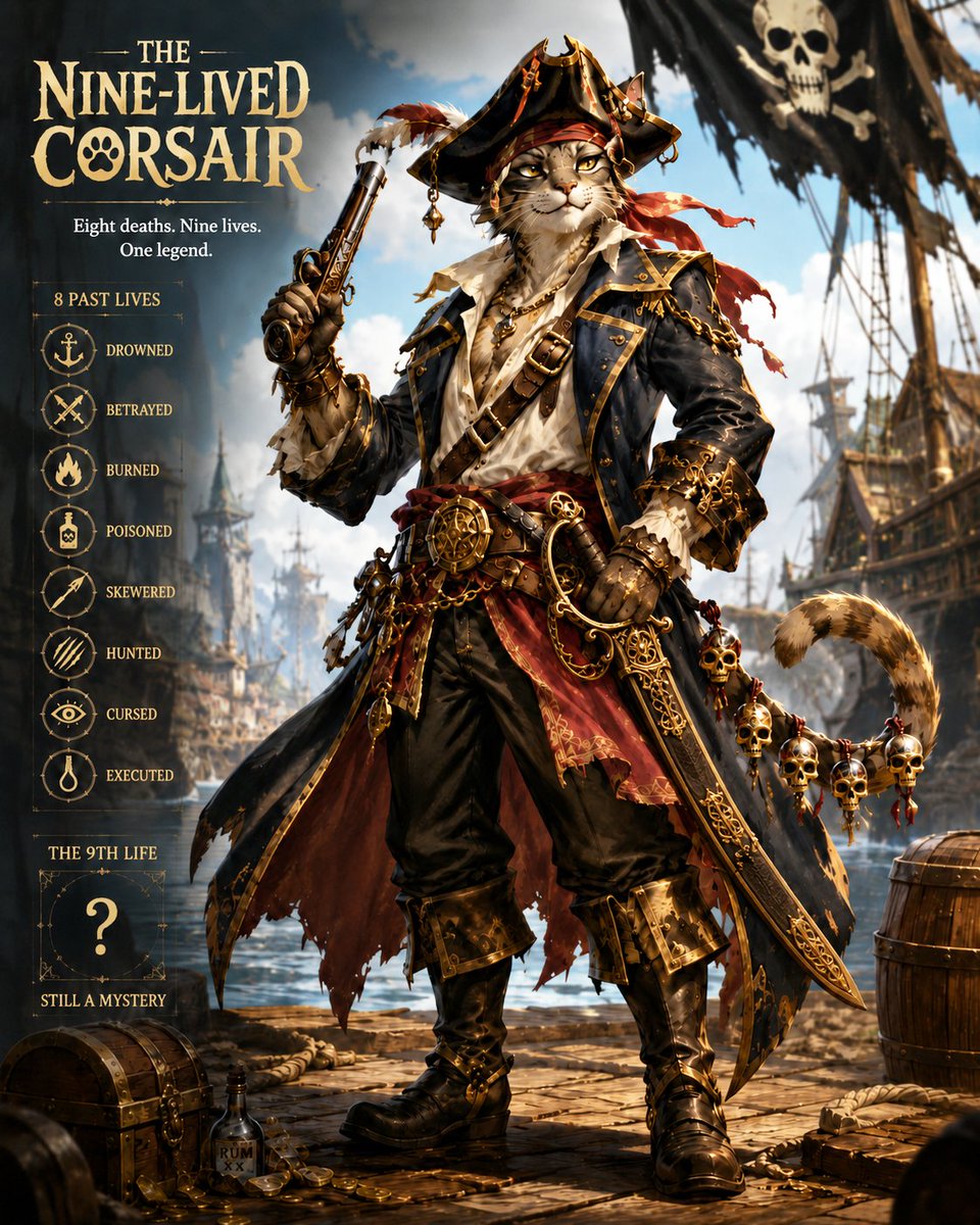 EShaplov's tweet photo. The Nine-Lived Corsair
A Cat-People pirate hero who has died eight times and still sails for his final legend. Charming, dangerous, and built for PvP glory.

@JHorlanrewaju @joyweb3x @JOSHWEB3333

#AIart #zargates #pvpvibe https://t.co/E9ySe9DNvk