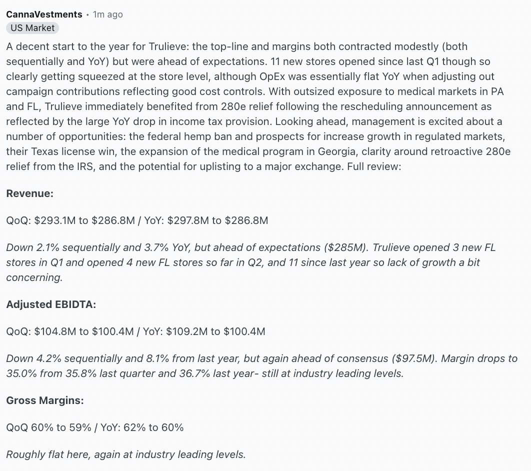 CannaVestments's tweet photo. A pretty good start to the year for @Trulieve. Results were marginally ahead of expectations on both rev/aEBITDA although down YoY despite 11 new stores opened in that time. Cash flow/margins were strong with good cost controls and immediate 280e relief for medical sales https://t.co/X9xiVJpBAP