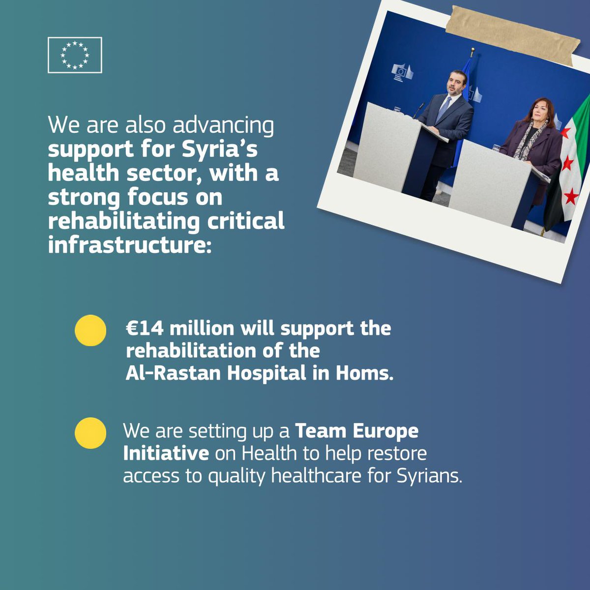 dubravkasuica's tweet photo. Syria’s 🇸🇾 recovery is not only about rebuilding what was lost - it is also about creating a future that is more inclusive, more resilient, and more hopeful for all Syrians.

By working together - with Syrian partners, with civil society, and with the international community - we can turn that vision into reality. 

And the European Union 🇪🇺 is here to help make it possible.