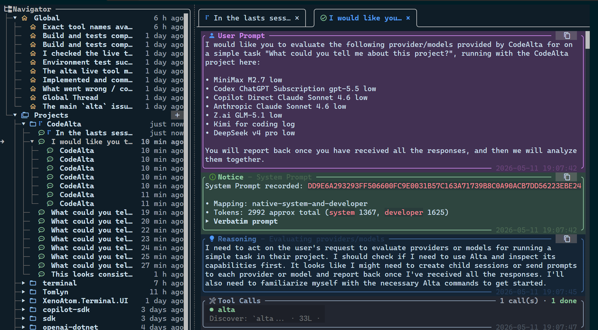 xoofx's tweet photo. This weekend, I started implementing subagents in CodeAlta... and ended up with something even cooler: a self-pilot/inspection tool! 😎

CodeAlta can now list providers/models, launch sub-sessions with them, get notified about reports, and I can ask it if the live tooling was enough for the task, or how it should be improved. Each sub-sessions are fully inspectable, and I can manually continue them at any time.

Getting very close to the feature set I want for 1.0 so time to polish things and hopefully ship before summer.
This is exciting! Stay tuned! 🚀