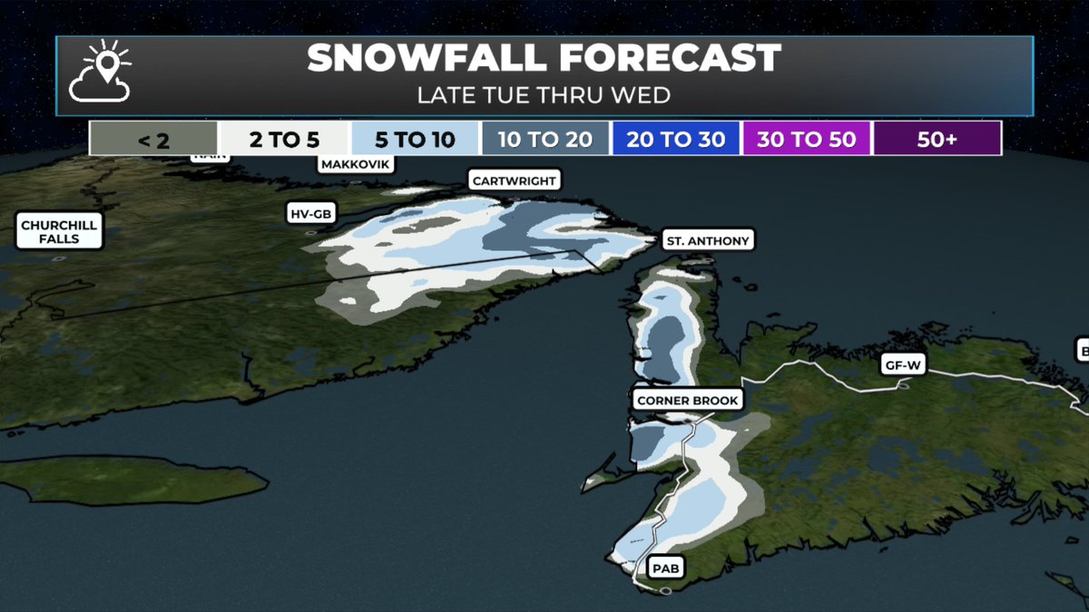 EddieSheerr's tweet photo. WATCHING THE RAIN AND SNOW THREAT THIS WEEK... #nlwx 

An area of low pressure will swing through between tomorrow and late Wednesday, bringing widespread soaking rain to Newfoundland and parts of Labrador tomorrow, followed by some wet snow Wednesday into Wednesday night for parts of western Newfoundland and southeast Labrador. 

Keep in mind that I'm not expecting the snow to accumulate much in the lower elevations (think 5 cm or slushy wet snow or less), but inland over higher terrain may pick up more than 10 cm... perhaps by a significant margin in the highest terrain. 
Gotta love the month of May! 

[ MAY 11, 2026 | 2:50 PM NDT ]
#nlwx