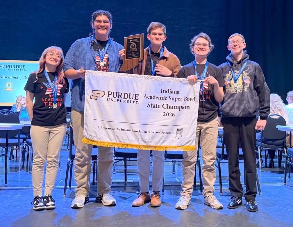 BHMSDnews's tweet photo. State Champs: The Bluffton High School Academic Super Bowl team came home with the Interdisciplinary State Championship over the weekend! Pictured are, from left, Makynli Rudd, Mateo Castro, Elliott Brown, Gabriel Spencer and Quinton Saige. #BHMSD #oneBluffton #EveryMomentMatters https://t.co/08h96Hn35k