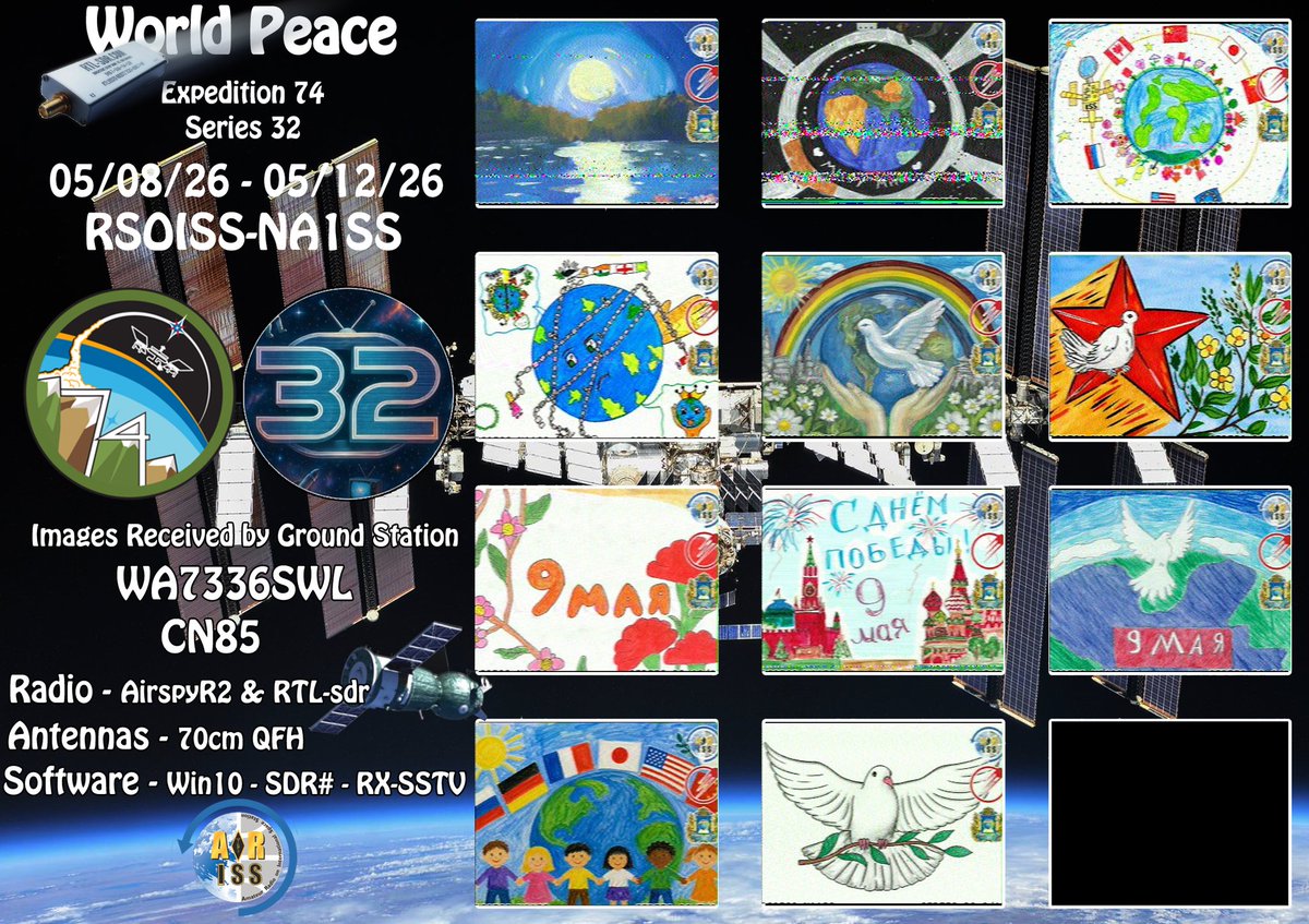 CadiereGerald's tweet photo. @ARISS_Intl ISS Series 32
World Peace🕊 #SSTV
Current captures to date
@airspy_com R2, @rtlsdrblog V4, @Nooelec LaNA WB, #SDRsharp1922 diy 70cm QFH,
#RX_SSTV
Received in Woodland wa CN85 https://t.co/ohSYwEGWKR
