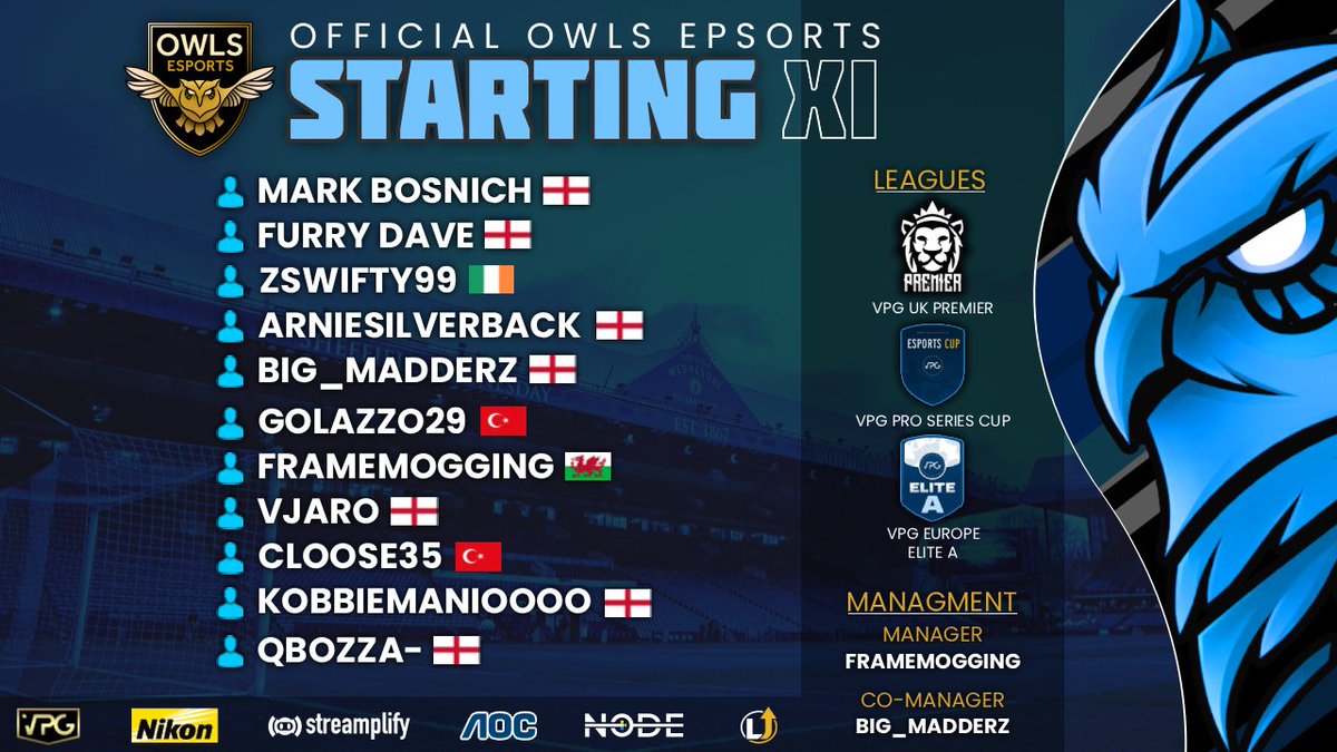 OWLSEsportsX's tweet photo. 🦉⚽️ FIXTURES AND STARTING XI ⚽️🦉

It’s Game Day 4 in @OfficialVPG, and this is tonight’s lineup.

A strong performance on Thursday night saw us narrowly miss out on maximum points let’s achieve it tonight.

#WAWAW #OWLSEsports @proclubs_weekly 

@Jarvo_07 
@daveswfc100 
@Swifty2766 
@Arniesilverback 
@MADDERZ_7 
@durukan10 
@weenwrld 
@vJarooo 
@canerckrk 
@BozSzn07 
@_Loze