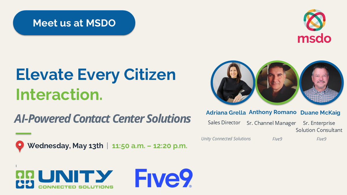 Unityconnected's tweet photo. Unity Connected Solutions, in partnership with Five9, will be heading to Municipal Service Delivery Officials (Canada) this week. https://t.co/1pDR3zoVyZ