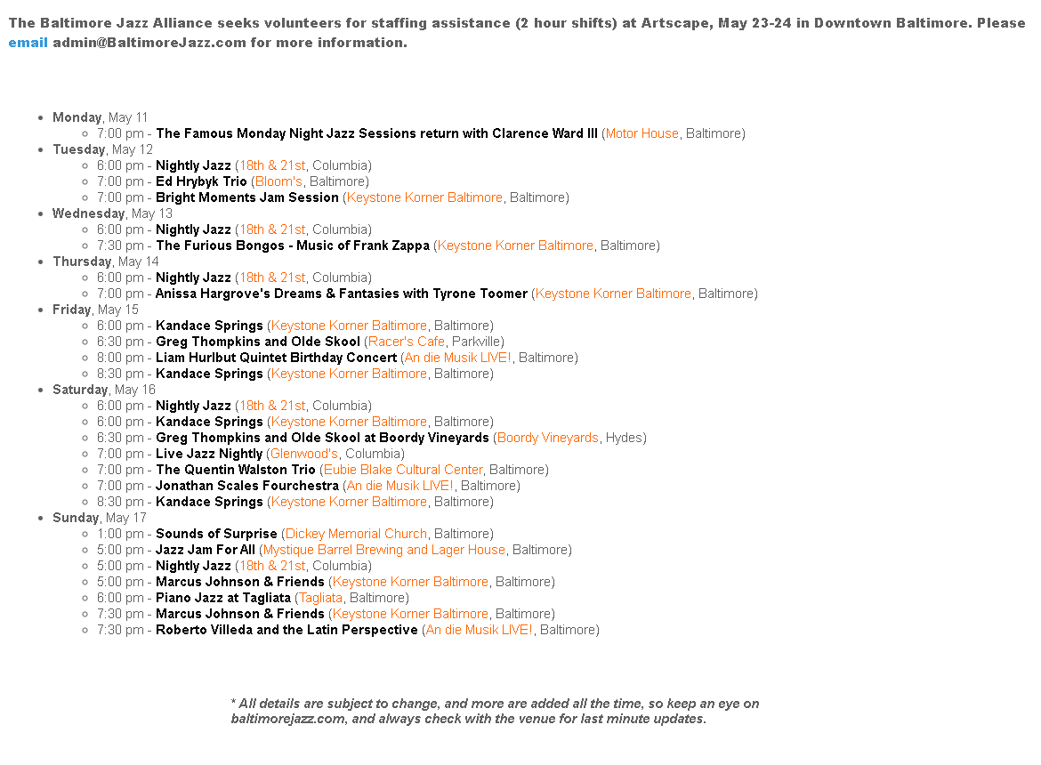 BaltimoreJazz1's tweet photo. Where's the Jazz? Here's what's happening in the Baltimore jazz scene this week - if we're missing something, let us know! Find complete details (or better still, add your own events!) at https://t.co/iQ9ikOvwOC #baltimorejazz #wheresthejazz
Member-supported, volunteer-run, BJA https://t.co/qngqg9BEfL